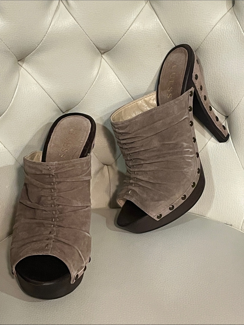 GUESS Taupe Ruched Suede Open-Toe Mule Heels with Stud Trim